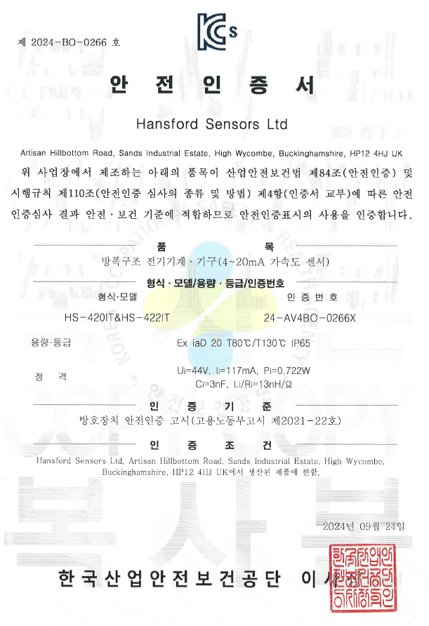 KCS 방폭인증을 받은 4-20mA 진동센서 HANSFORD HS-420I