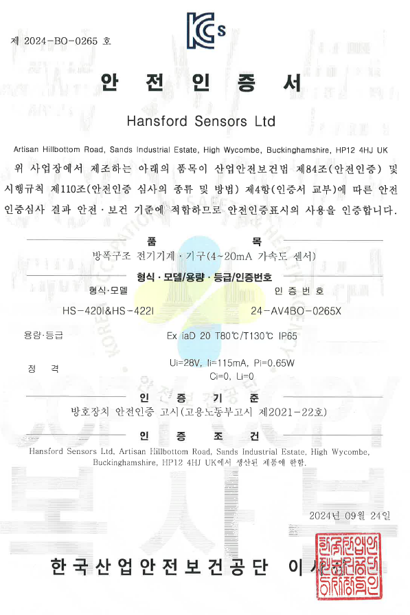 KCS 방폭인증을 받은 4-20mA 진동센서 HANSFORD HS-420I