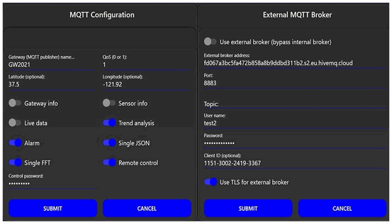 BroadVibra 실제 MQTT 외부 브로커 연동 설정 화면