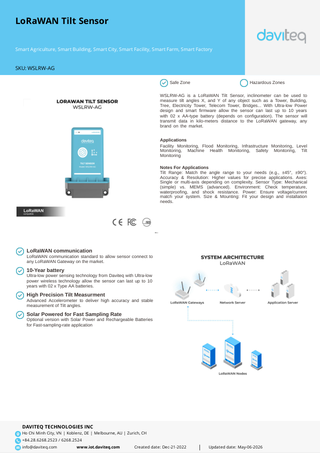 WSLRW-AG LoRaWAN 기울기센서 데이터시트 표지